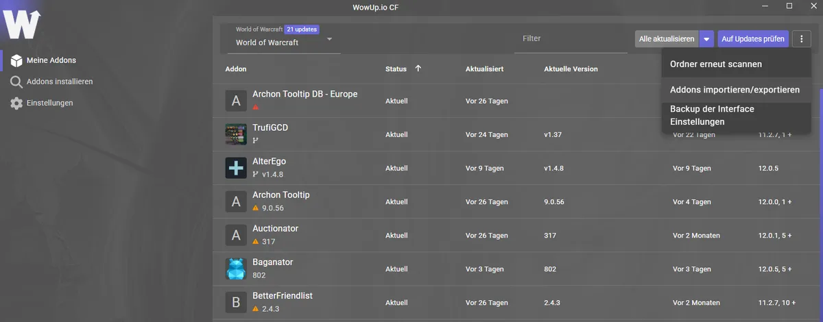 Screenshot zur Anleitung von wowup import string